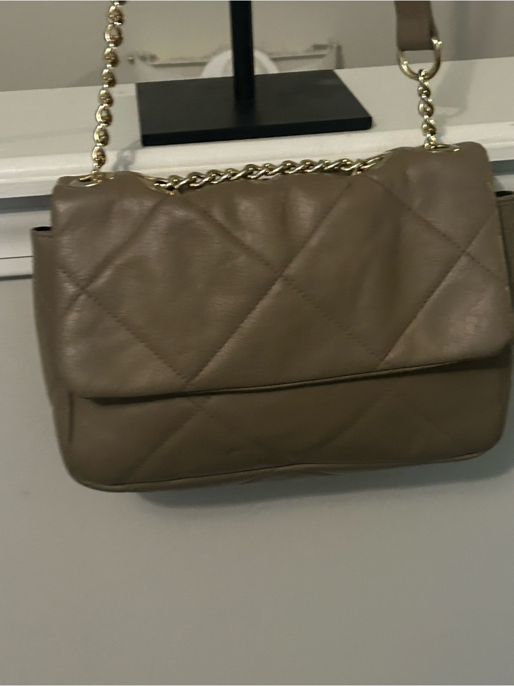 Anna Paola Italian Quilted Leather Flap Shoulder Bag – Taupe / Gold Chain